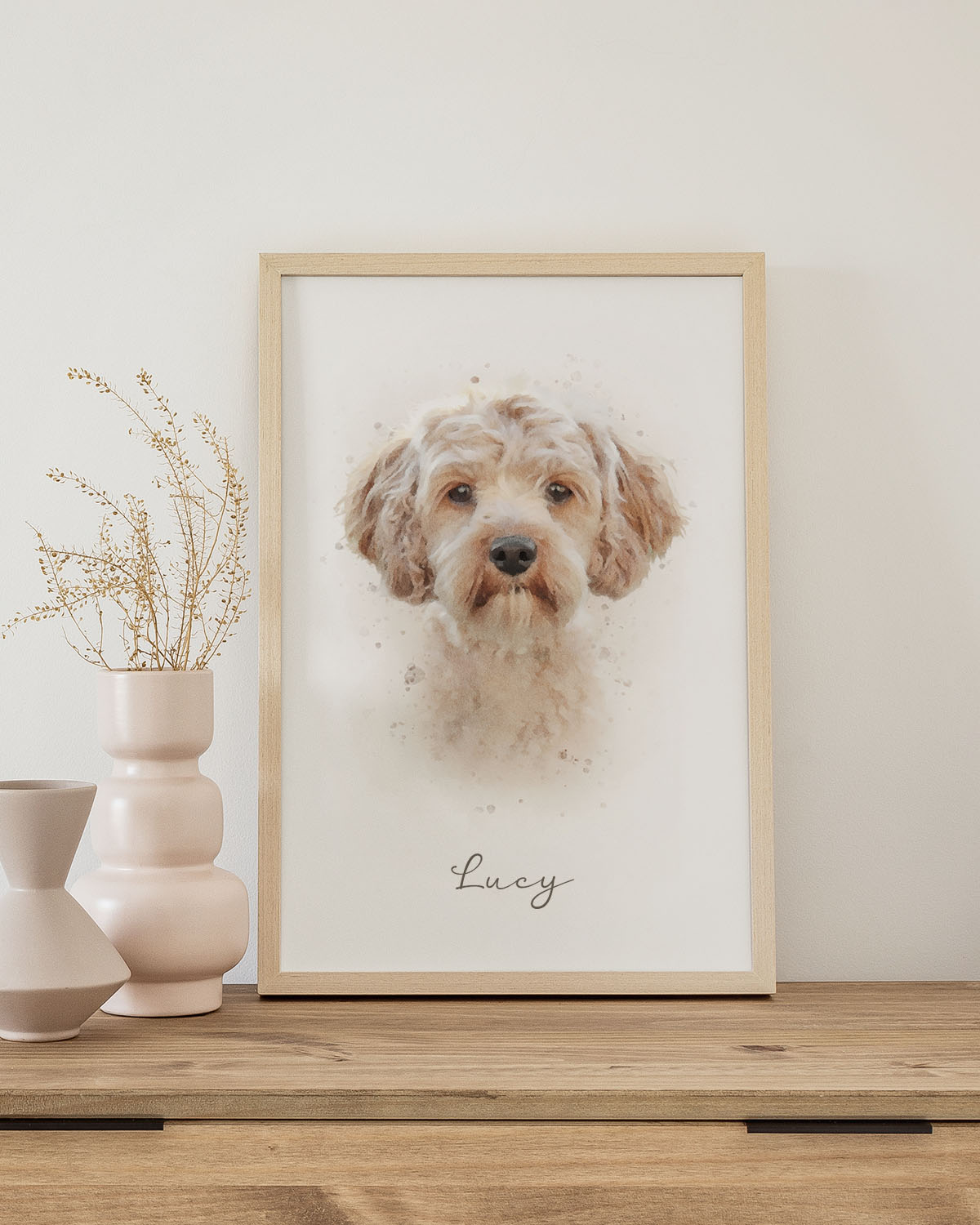Custom Pet Portrait with a wooden frame on a table