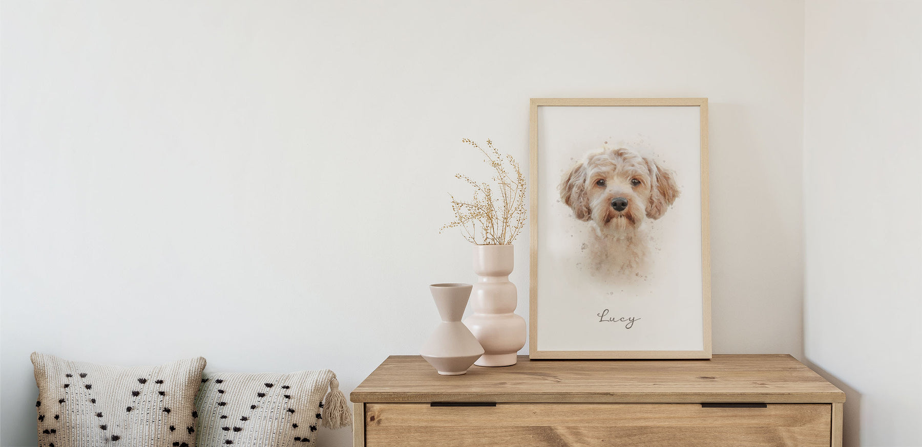 Framed pet portraits displayed as home decor